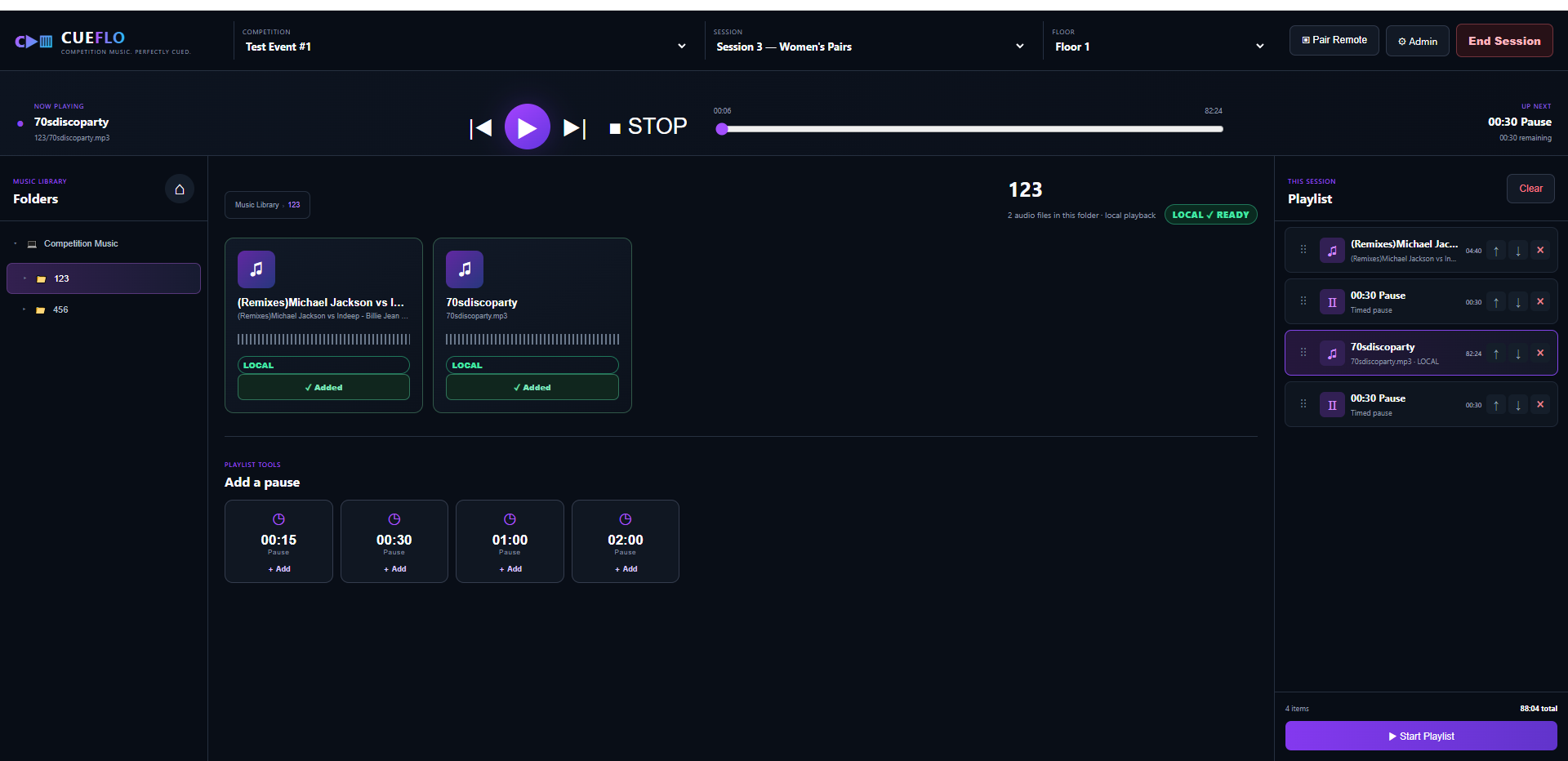 Current CueFlo competition music player interface with folder browser, playlist and playback controls